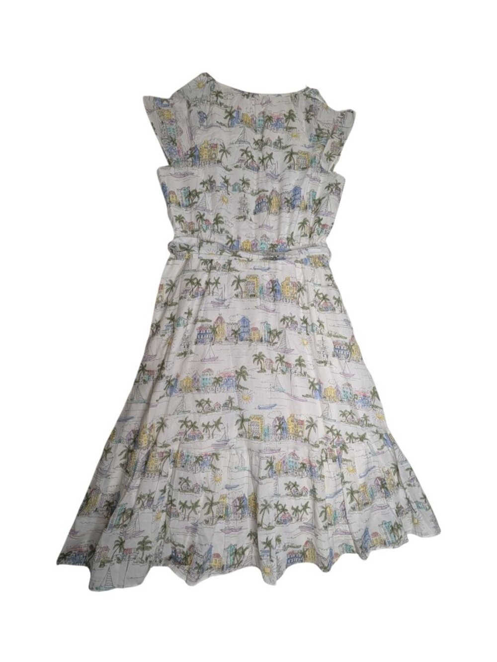 Talbots Scenic Curaçao Ruffle Fit & Flare Dress Cotton V-Neck Size 8 Sleeveless - Picture 3 of 16